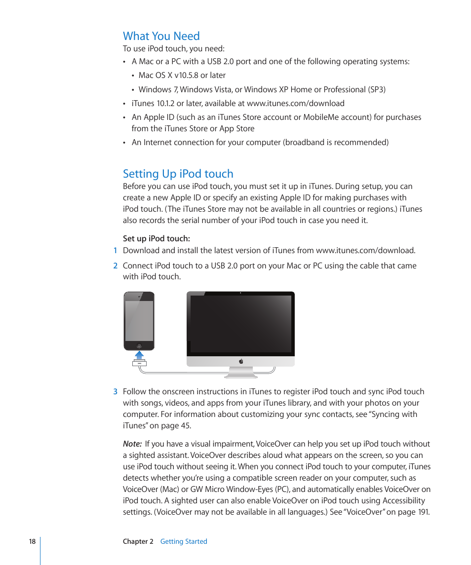 What you need, Setting up ipod touch | Apple iPod touch iOS 4.3 User Manual | Page 18 / 230