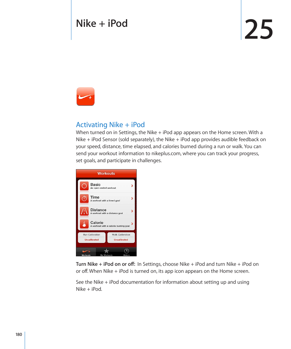 Chapter 25: nike + ipod, Activating nike + ipod, 180 activating nike + ipod | Nike + ipod | Apple iPod touch iOS 4.3 User Manual | Page 180 / 230