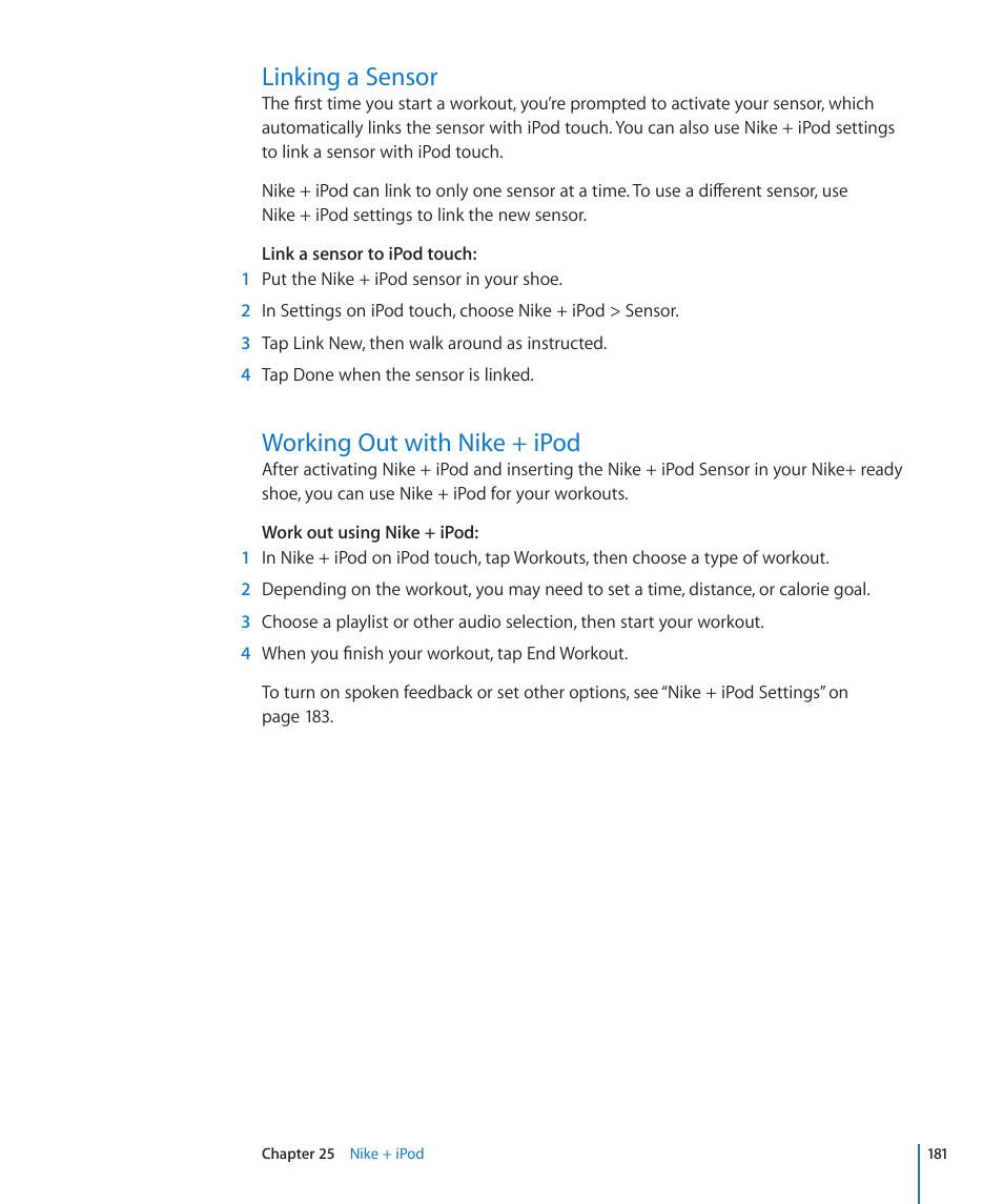 Linking a sensor, Working out with nike + ipod | Apple iPod touch iOS 4.3 User Manual | Page 181 / 230