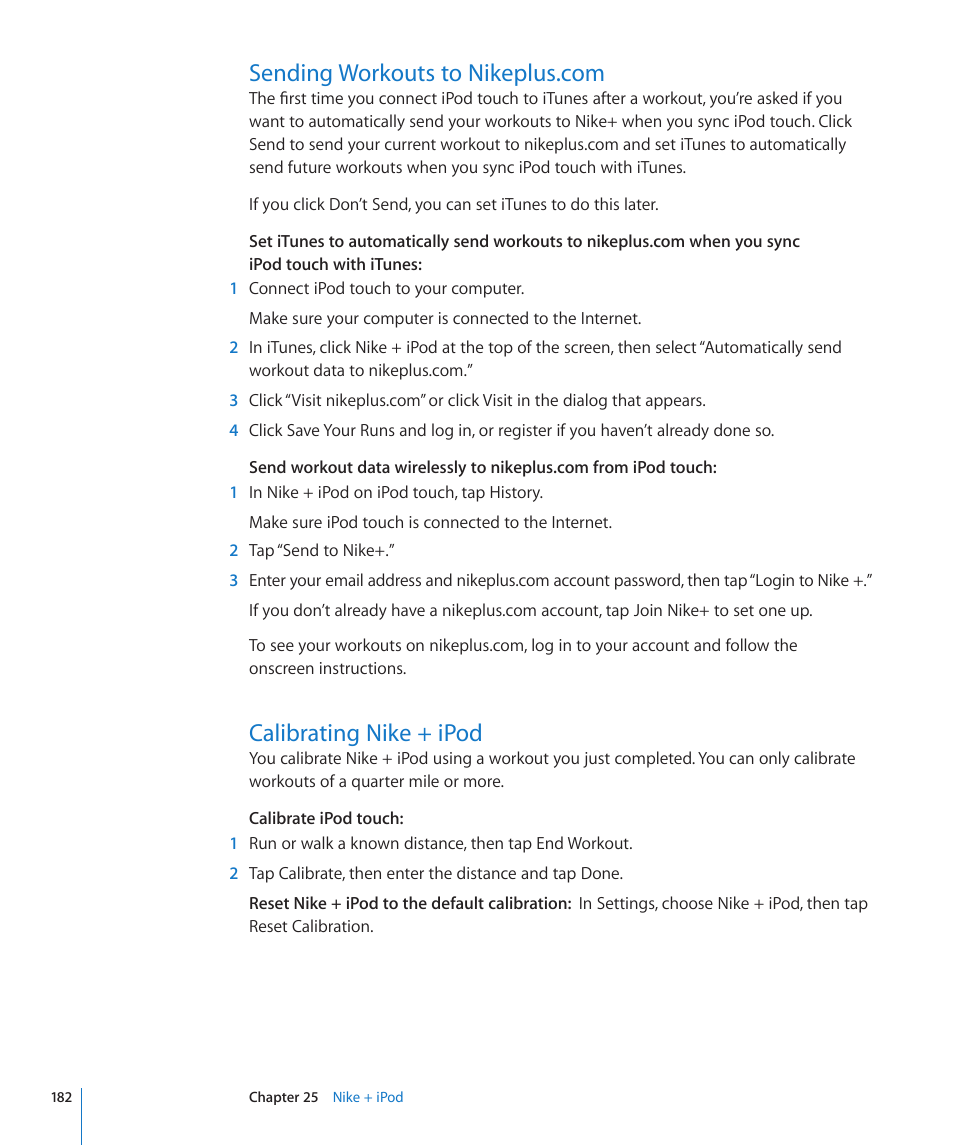 Sending workouts to nikeplus.com, Calibrating nike + ipod | Apple iPod touch iOS 4.3 User Manual | Page 182 / 230