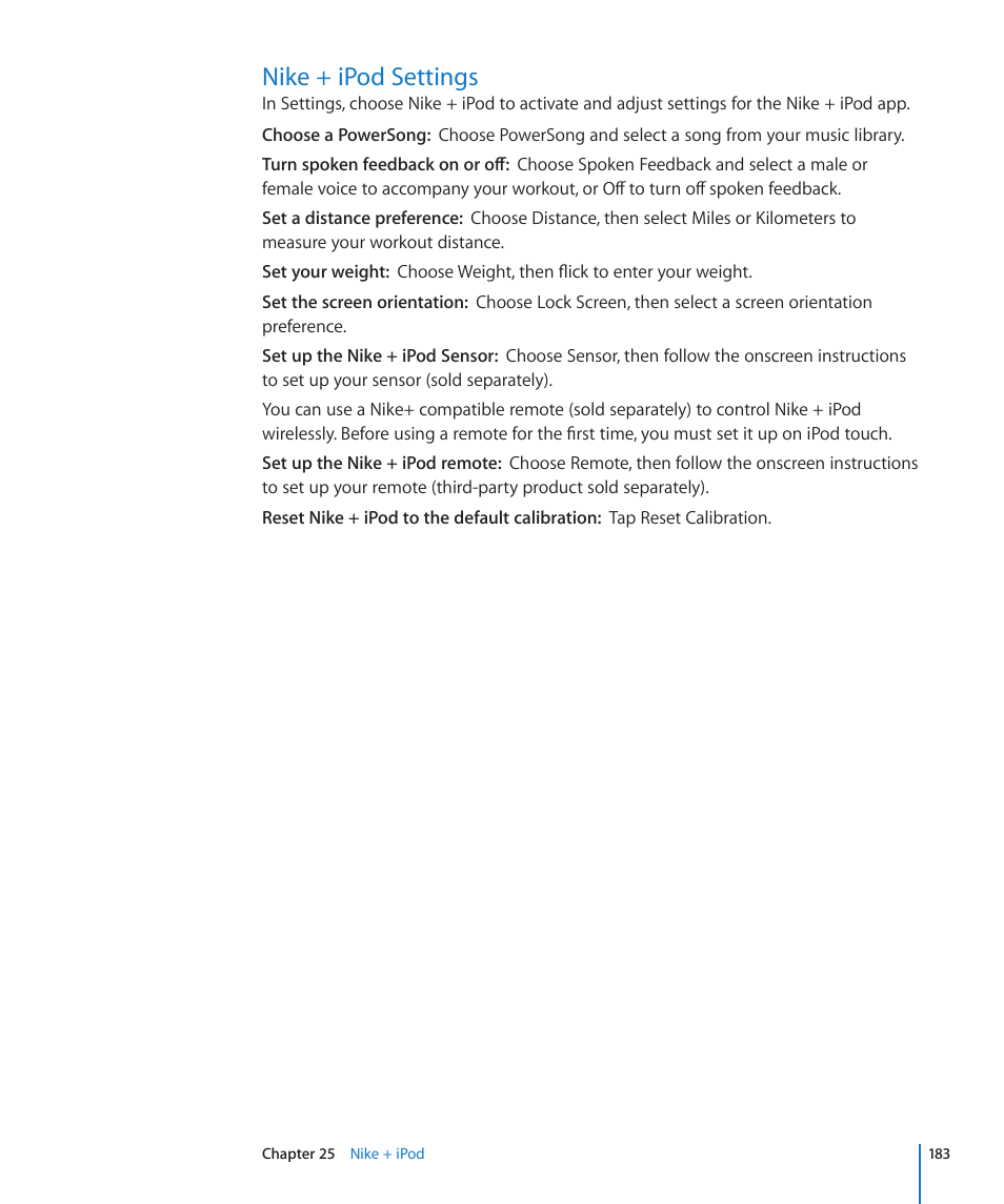 Nike + ipod settings, 183 nike + ipod settings | Apple iPod touch iOS 4.3 User Manual | Page 183 / 230