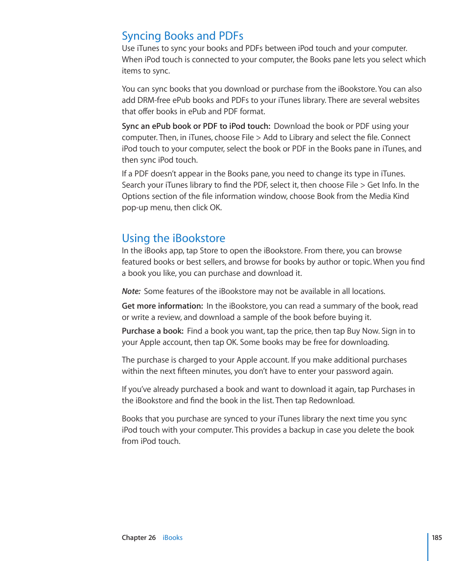 Syncing books and pdfs, Using the ibookstore | Apple iPod touch iOS 4.3 User Manual | Page 185 / 230