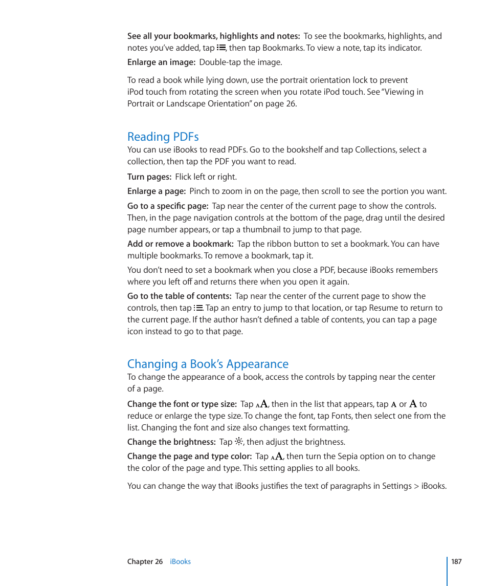 Reading pdfs, Changing a book’s appearance, 187 reading pdfs 187 changing a book’s appearance | Apple iPod touch iOS 4.3 User Manual | Page 187 / 230