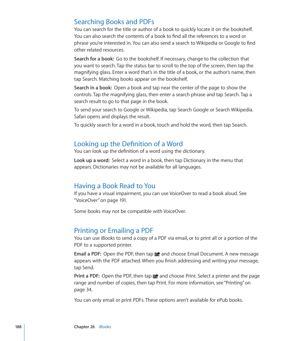 Searching books and pdfs, Looking up the definition of a word, Having a book read to you | Printing or emailing a pdf | Apple iPod touch iOS 4.3 User Manual | Page 188 / 230