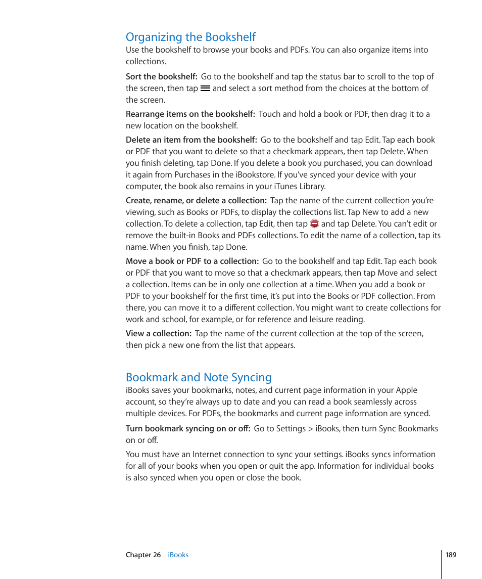 Organizing the bookshelf, Bookmark and note syncing | Apple iPod touch iOS 4.3 User Manual | Page 189 / 230