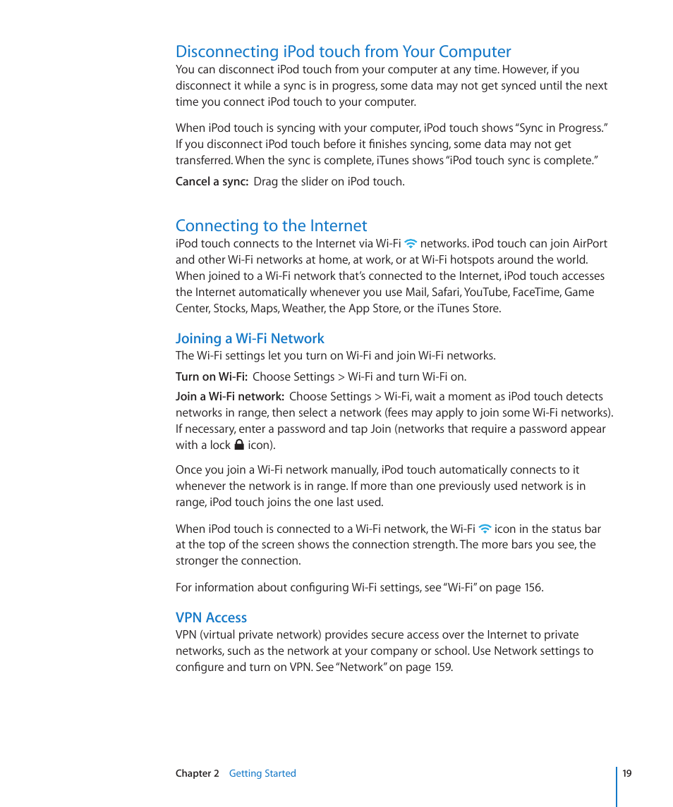 Disconnecting ipod touch from your computer, Connecting to the internet, Joining a wi-fi network | Apple iPod touch iOS 4.3 User Manual | Page 19 / 230