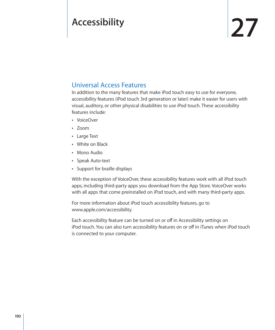 Chapter 27: accessibility, Universal access features, 190 universal access features | Accessibility | Apple iPod touch iOS 4.3 User Manual | Page 190 / 230