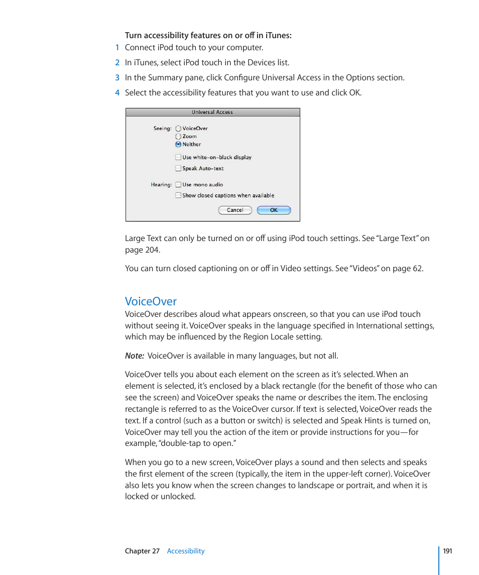 Voiceover, 191 voiceover | Apple iPod touch iOS 4.3 User Manual | Page 191 / 230