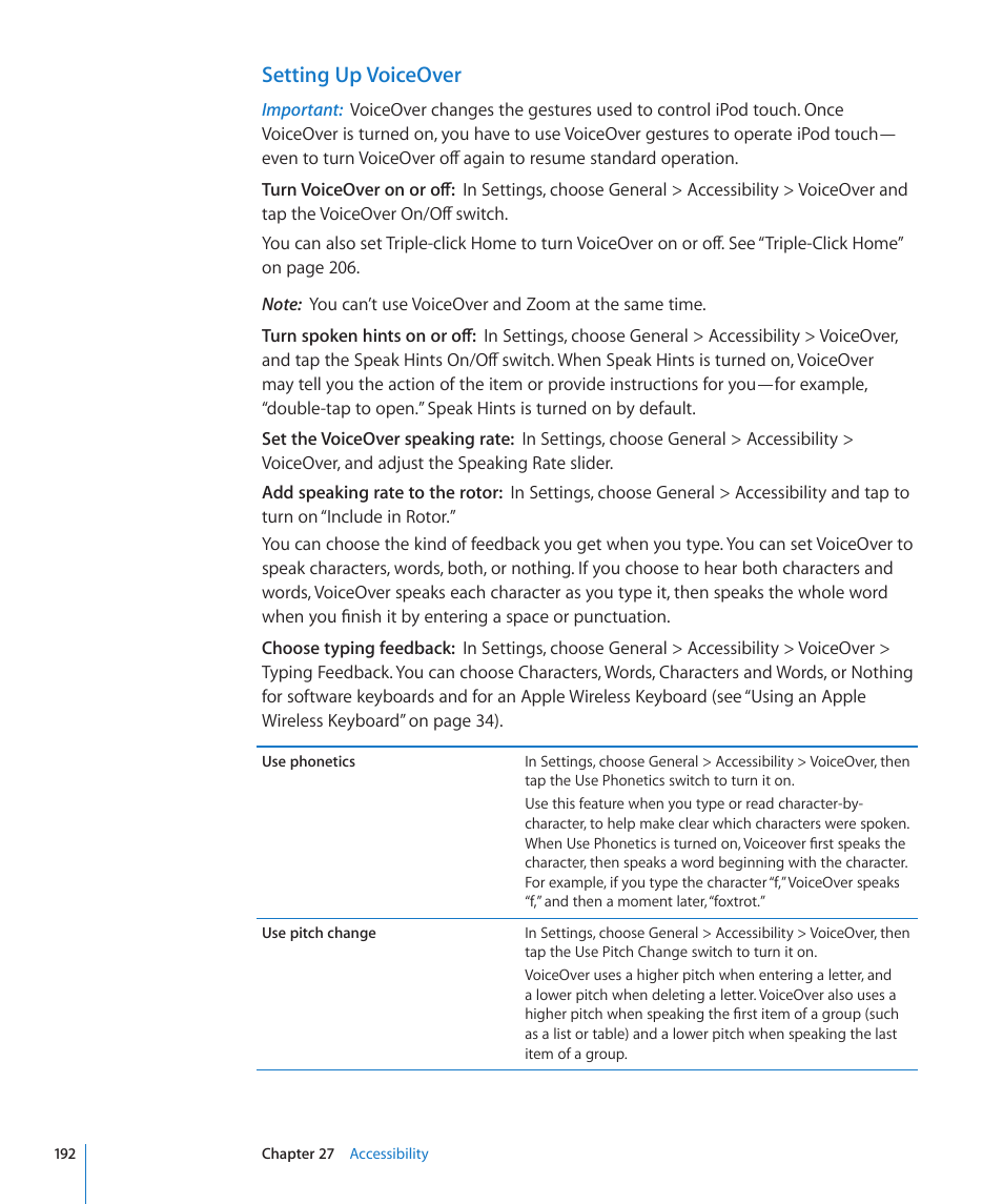 Setting up voiceover | Apple iPod touch iOS 4.3 User Manual | Page 192 / 230