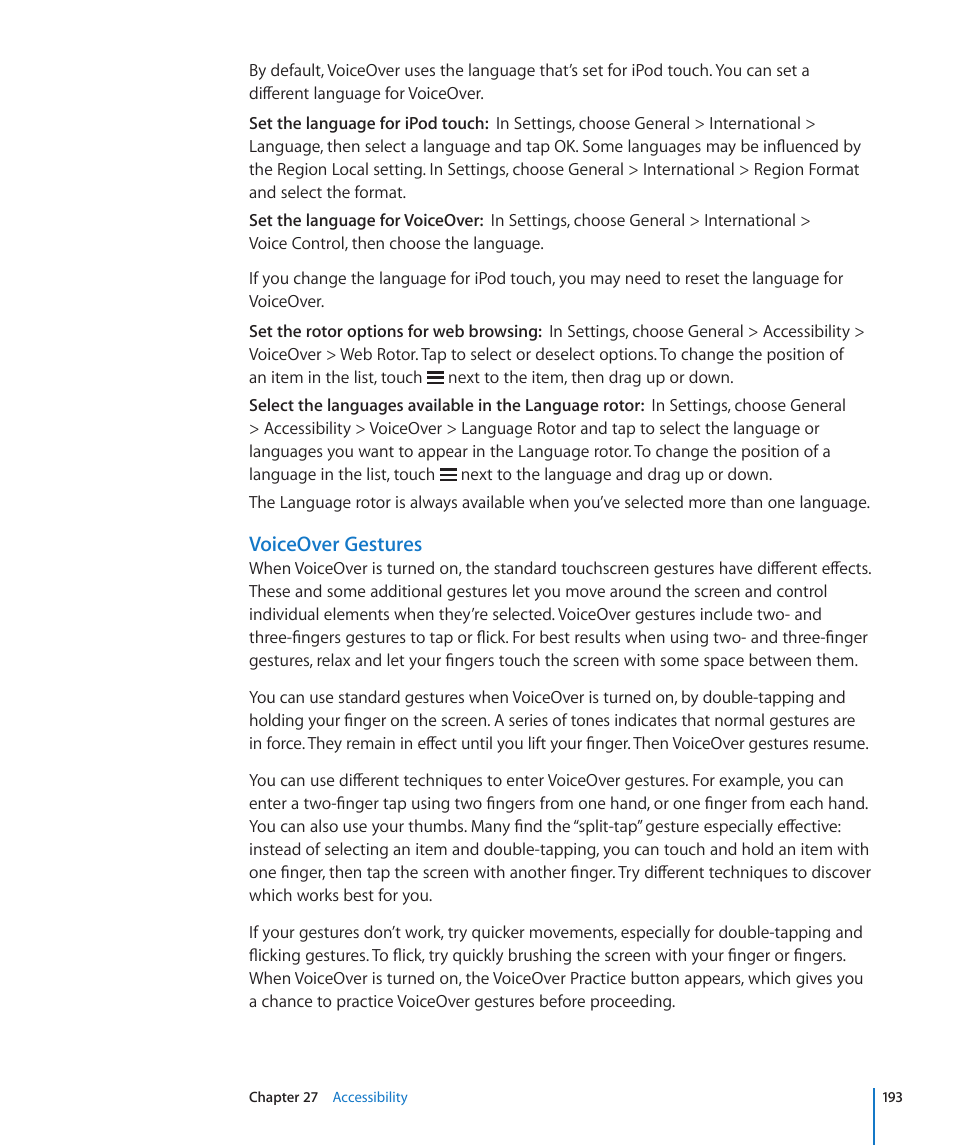 Voiceover gestures | Apple iPod touch iOS 4.3 User Manual | Page 193 / 230