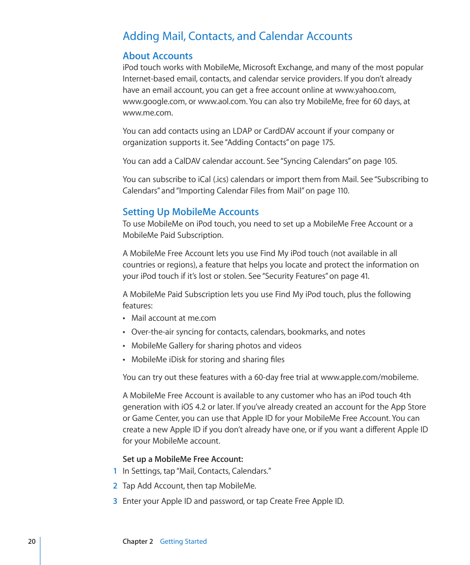 Adding mail, contacts, and calendar accounts, 20 adding mail, contacts, and calendar accounts, About accounts | Setting up mobileme accounts | Apple iPod touch iOS 4.3 User Manual | Page 20 / 230
