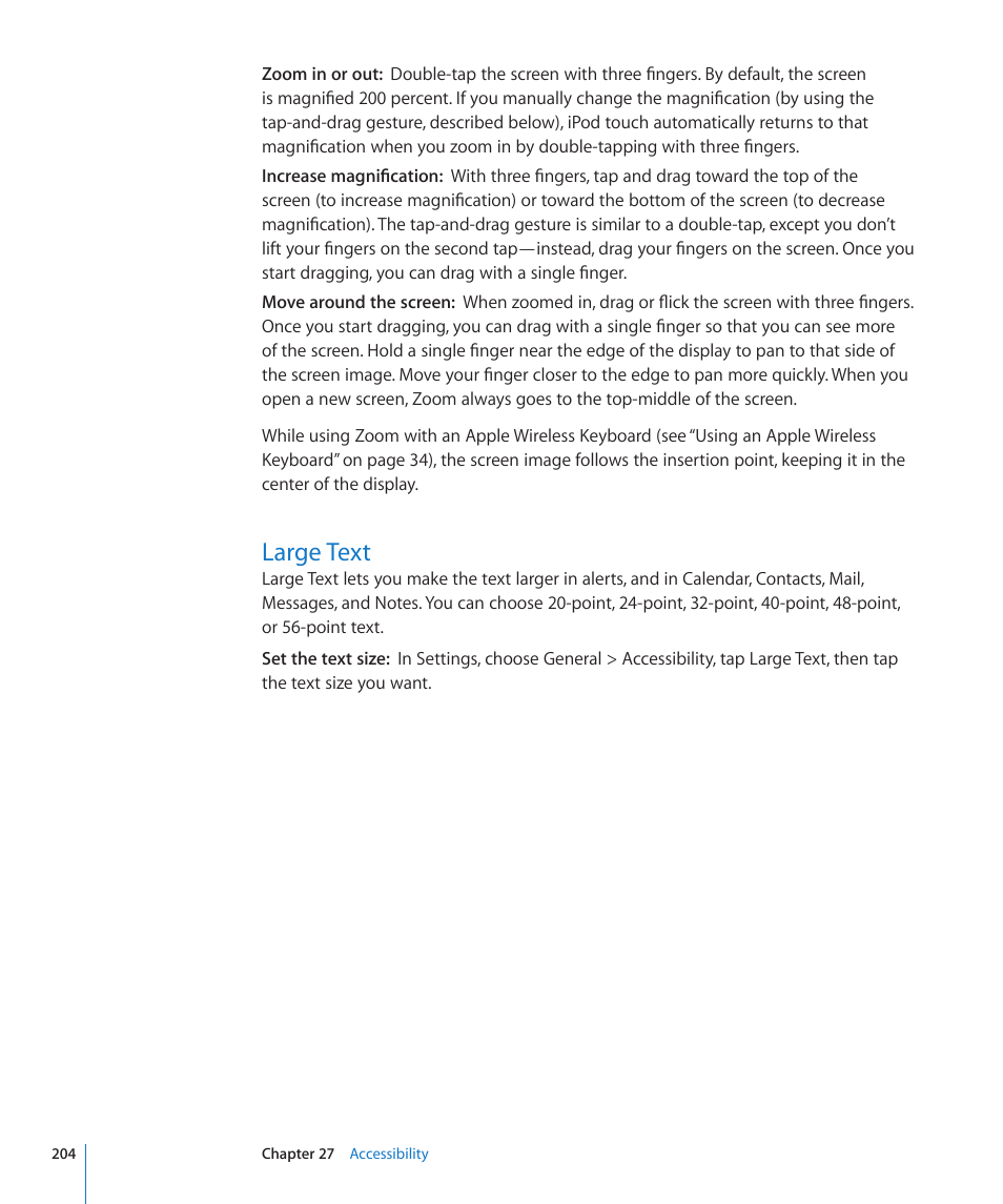 Large text, 204 large text | Apple iPod touch iOS 4.3 User Manual | Page 204 / 230