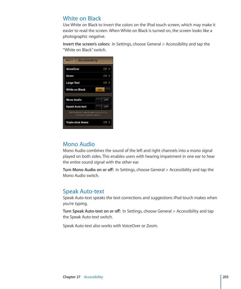 White on black, Mono audio, Speak auto-text | Apple iPod touch iOS 4.3 User Manual | Page 205 / 230