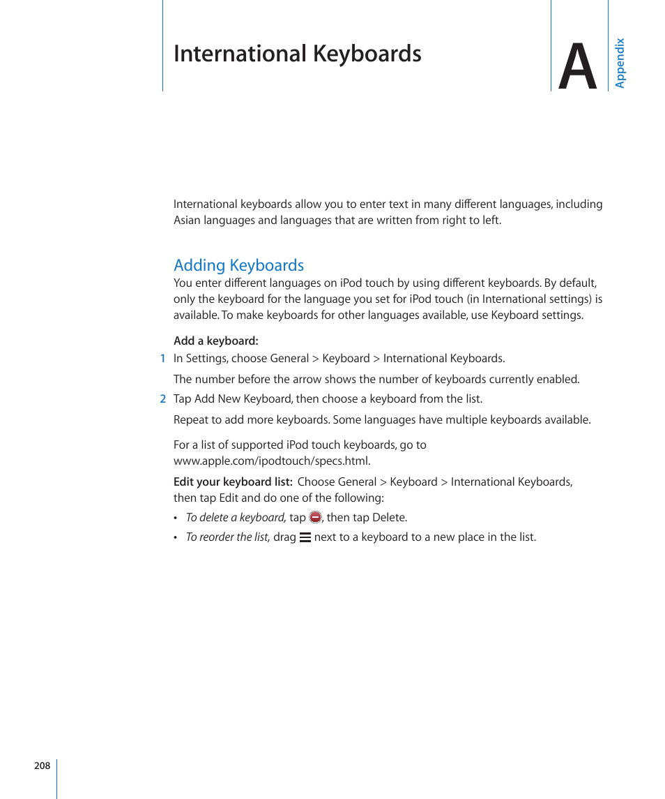 Appendix a: international keyboards, Adding keyboards, Appendix a: international keyboards | 208 adding keyboards, International keyboards, 208 and | Apple iPod touch iOS 4.3 User Manual | Page 208 / 230