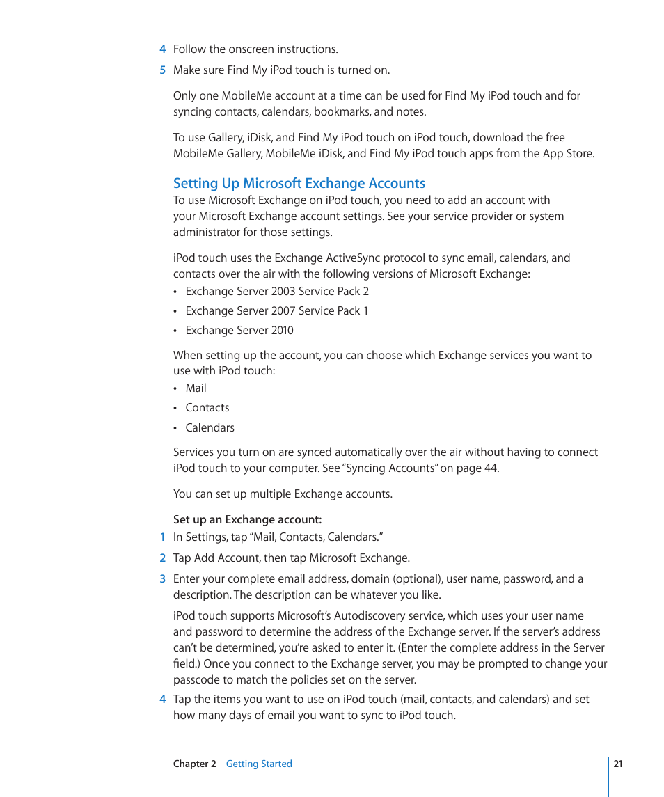 Setting up microsoft exchange accounts | Apple iPod touch iOS 4.3 User Manual | Page 21 / 230