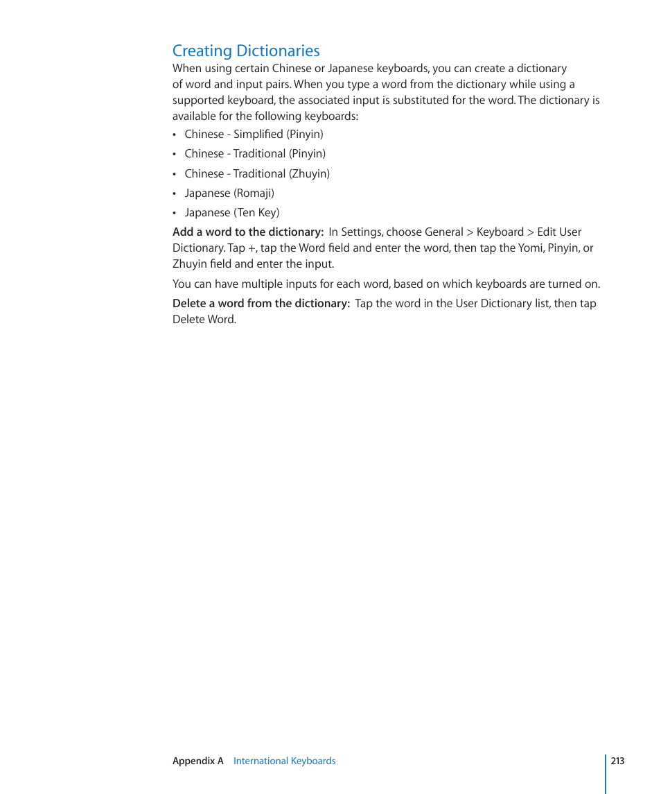 Creating dictionaries, 213 creating dictionaries | Apple iPod touch iOS 4.3 User Manual | Page 213 / 230