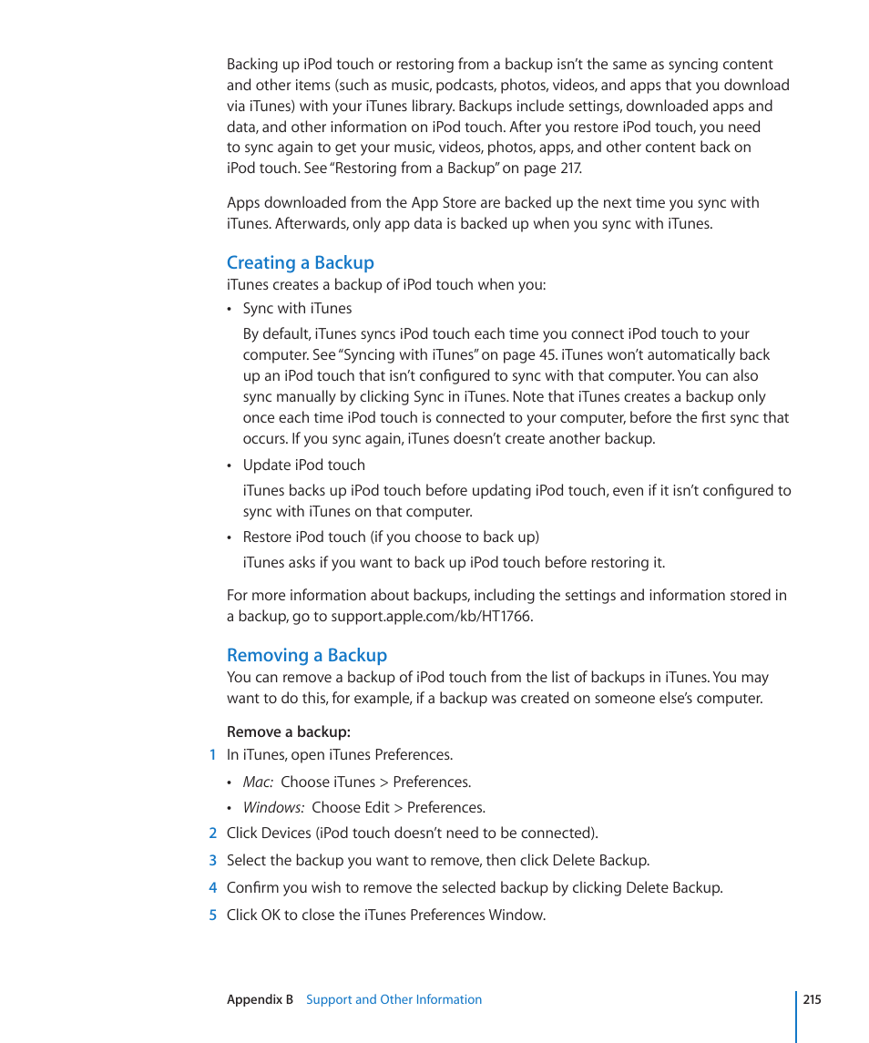 Creating a backup, Removing a backup | Apple iPod touch iOS 4.3 User Manual | Page 215 / 230