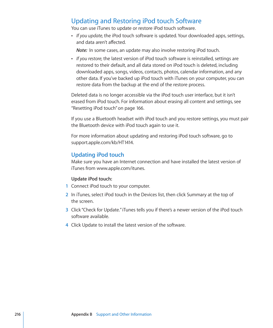 Updating and restoring ipod touch software, 216 updating and restoring ipod touch software, Updating ipod touch | Apple iPod touch iOS 4.3 User Manual | Page 216 / 230