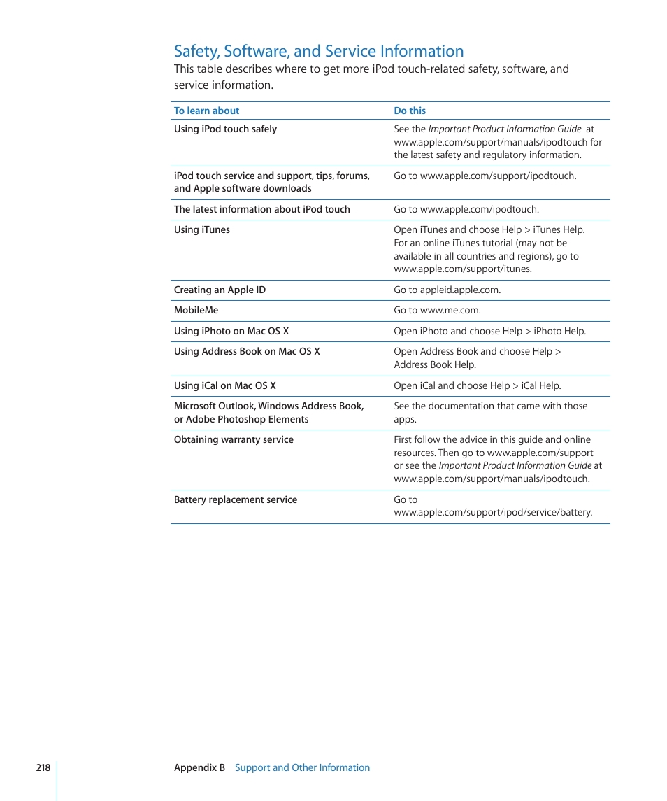 Safety, software, and service information, 218 safety, software, and service information | Apple iPod touch iOS 4.3 User Manual | Page 218 / 230