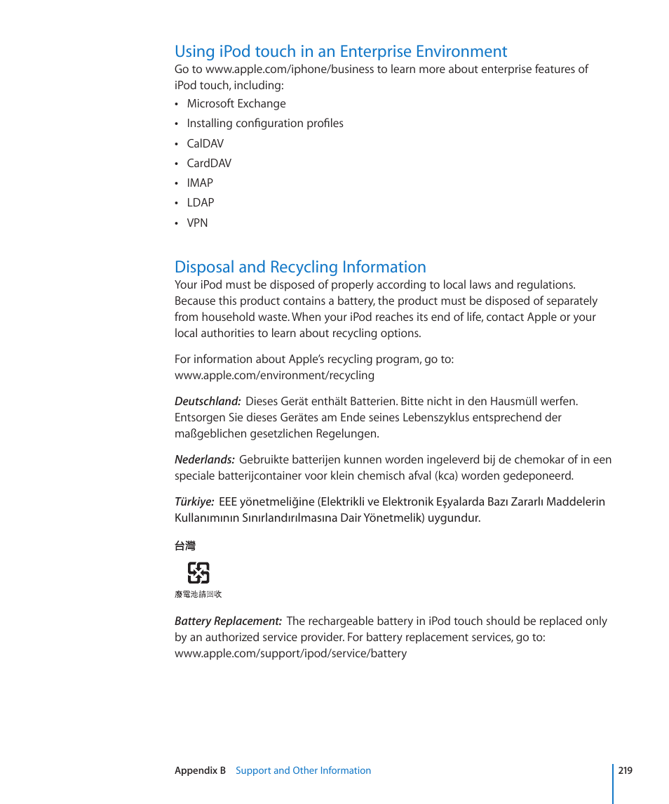 Using ipod touch in an enterprise environment, Disposal and recycling information | Apple iPod touch iOS 4.3 User Manual | Page 219 / 230