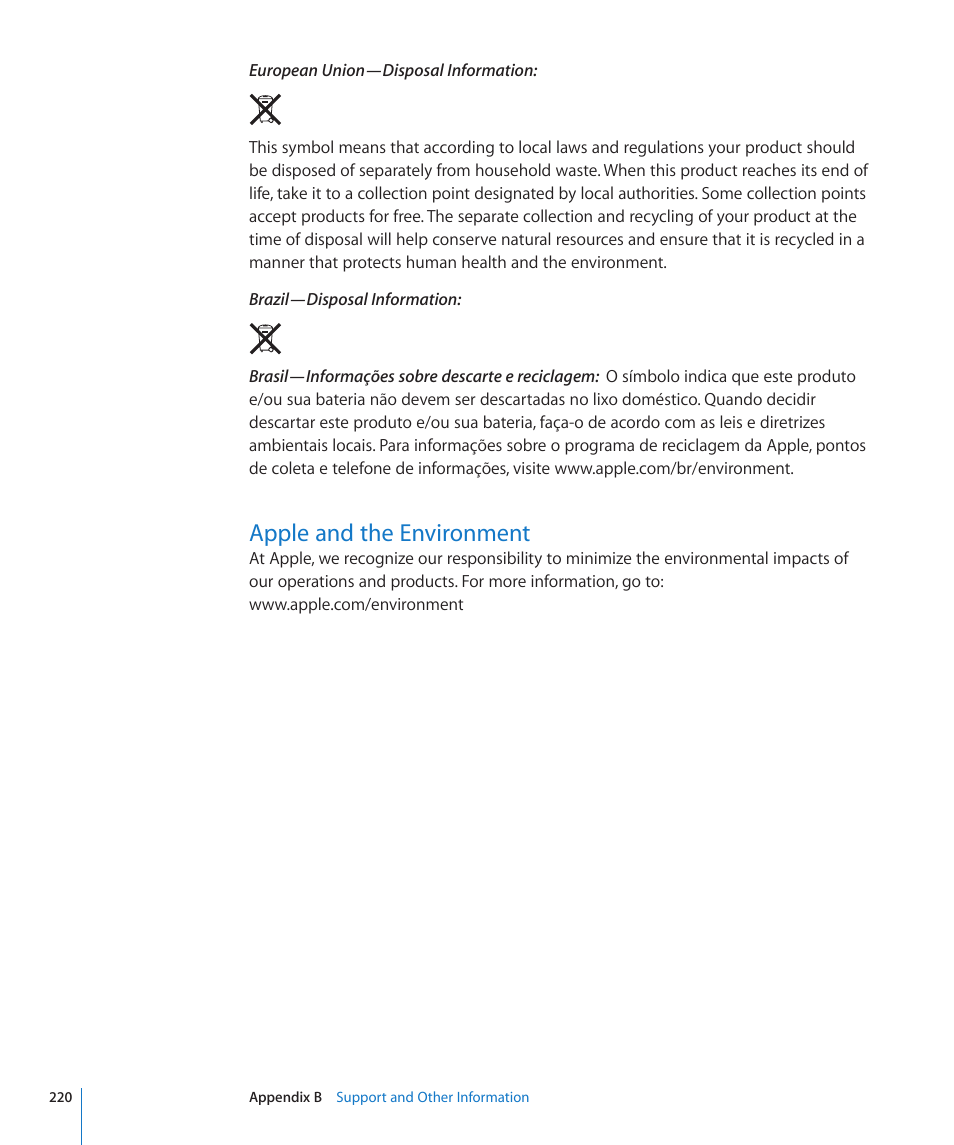 Apple and the environment, 220 apple and the environment | Apple iPod touch iOS 4.3 User Manual | Page 220 / 230