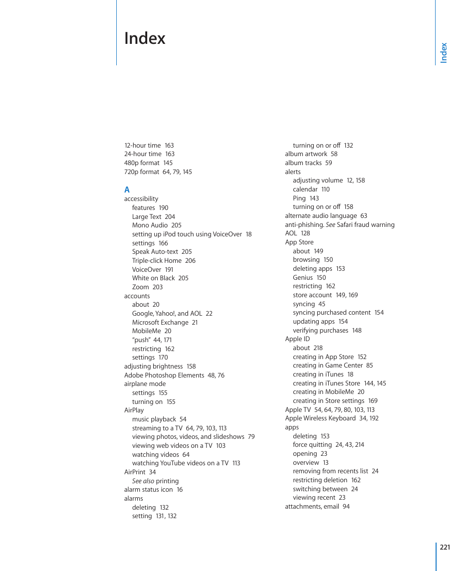 Index | Apple iPod touch iOS 4.3 User Manual | Page 221 / 230