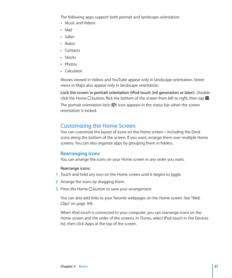 Customizing the home screen, 27 customizing the home screen, Rearranging icons | Apple iPod touch iOS 4.3 User Manual | Page 27 / 230