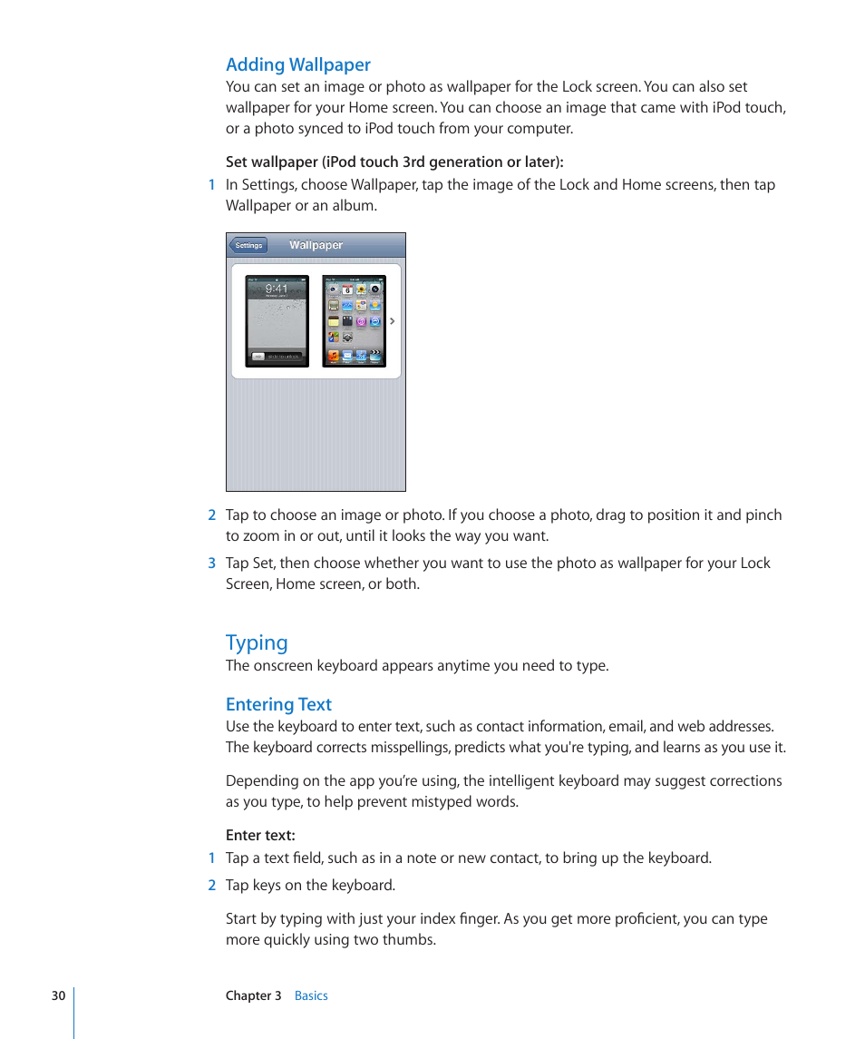Typing, 30 typing, Adding wallpaper | Entering text | Apple iPod touch iOS 4.3 User Manual | Page 30 / 230