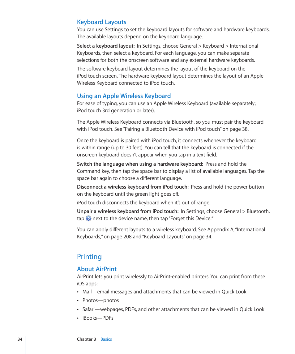 Printing, 34 printing, Keyboard layouts | Using an apple wireless keyboard, About airprint | Apple iPod touch iOS 4.3 User Manual | Page 34 / 230