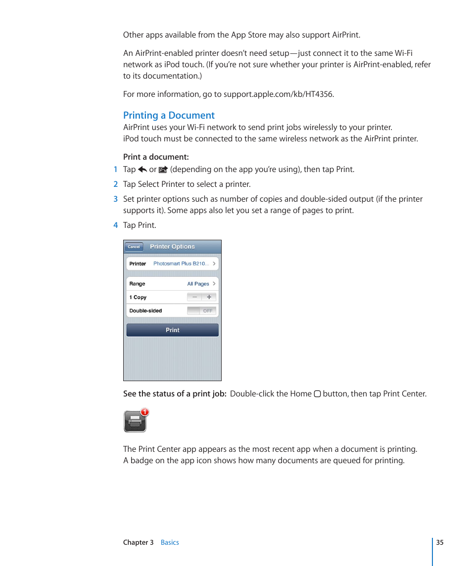 Printing a document | Apple iPod touch iOS 4.3 User Manual | Page 35 / 230