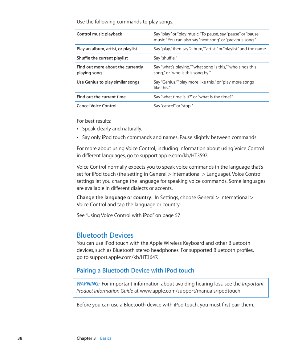 Bluetooth devices, 38 bluetooth devices, Pairing a bluetooth device with ipod touch | Apple iPod touch iOS 4.3 User Manual | Page 38 / 230