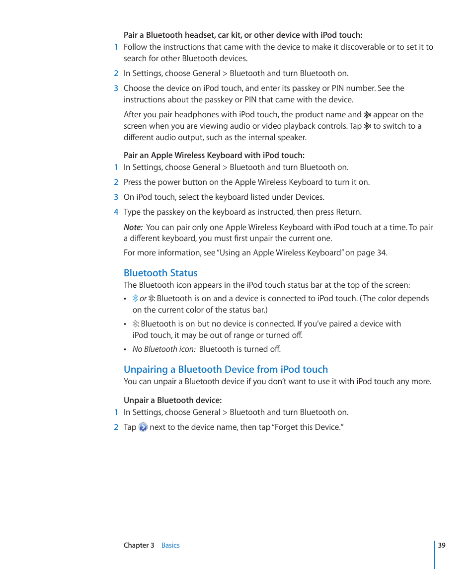 Bluetooth status, Unpairing a bluetooth device from ipod touch | Apple iPod touch iOS 4.3 User Manual | Page 39 / 230