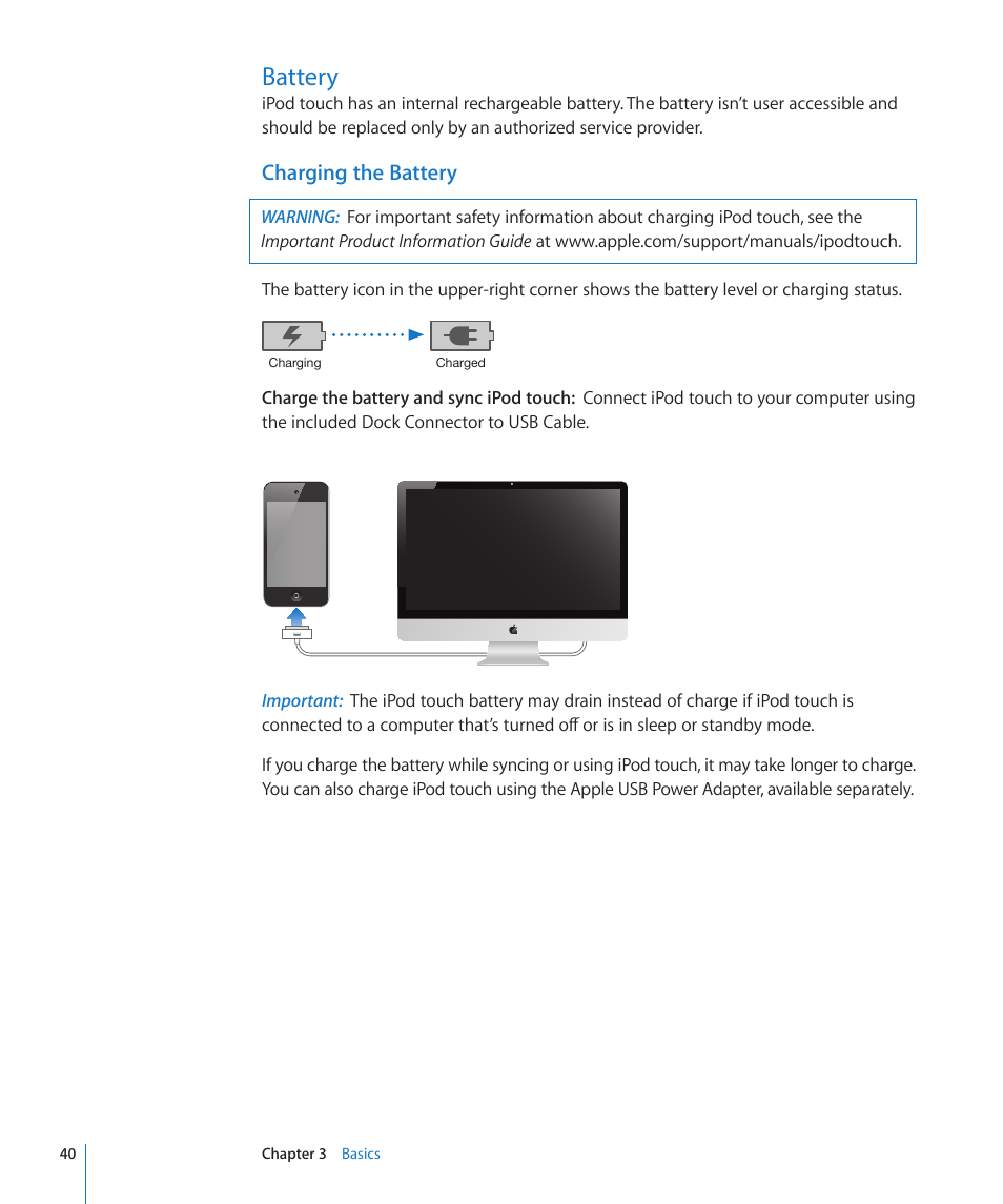 Battery, 40 battery, Charging the battery | Apple iPod touch iOS 4.3 User Manual | Page 40 / 230