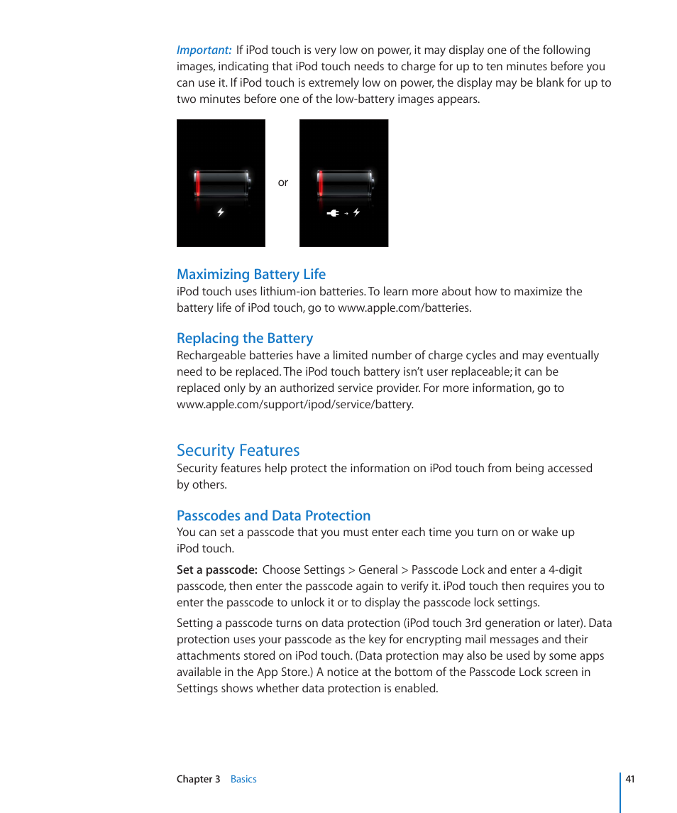 Security features, 41 security features | Apple iPod touch iOS 4.3 User Manual | Page 41 / 230