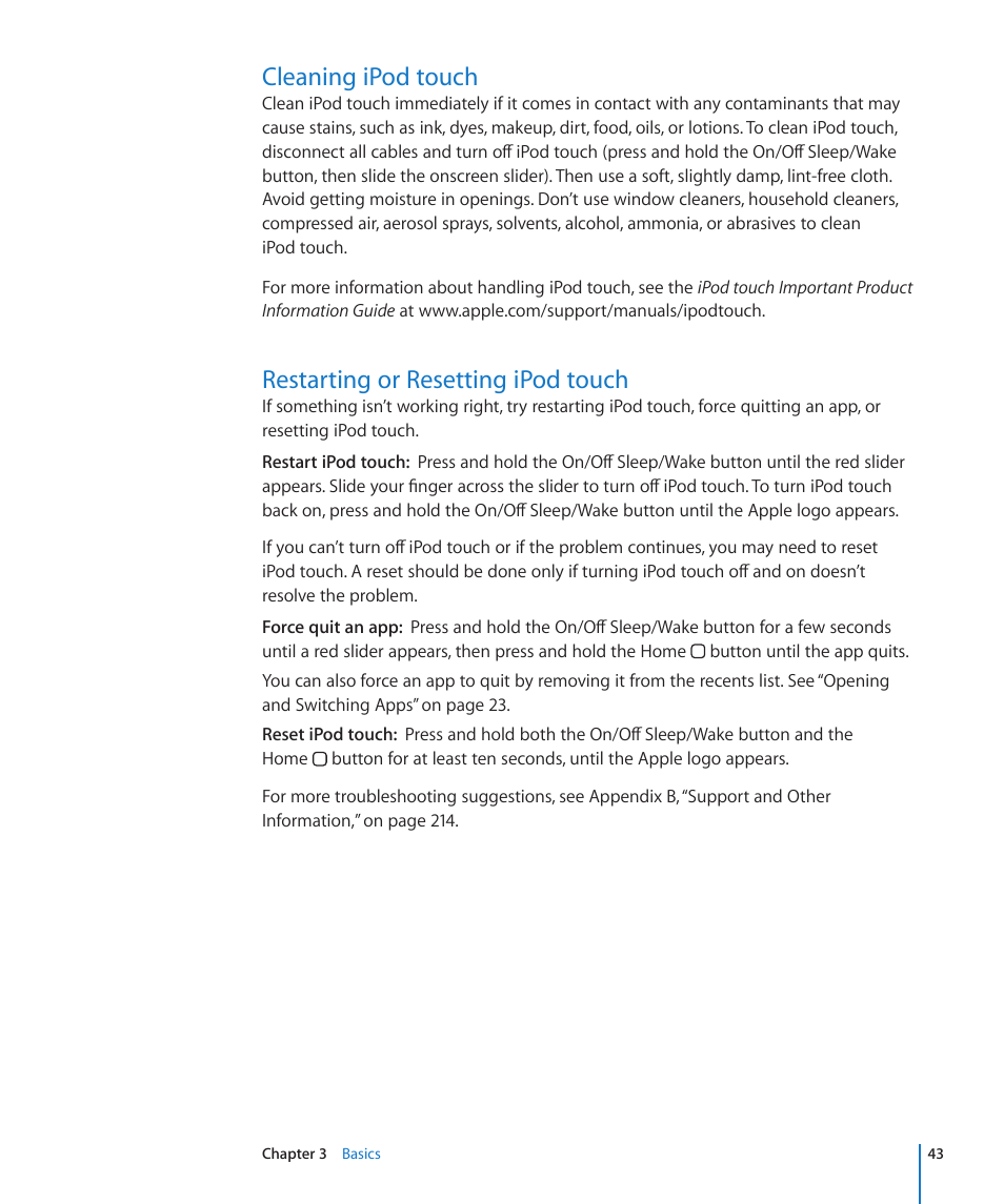 Cleaning ipod touch, Restarting or resetting ipod touch | Apple iPod touch iOS 4.3 User Manual | Page 43 / 230