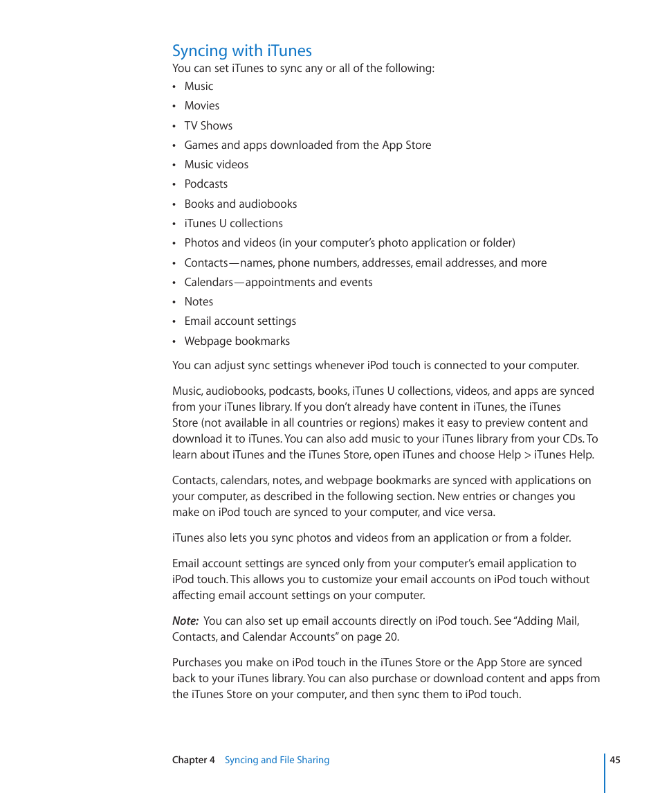 Syncing with itunes, 45 syncing with itunes | Apple iPod touch iOS 4.3 User Manual | Page 45 / 230