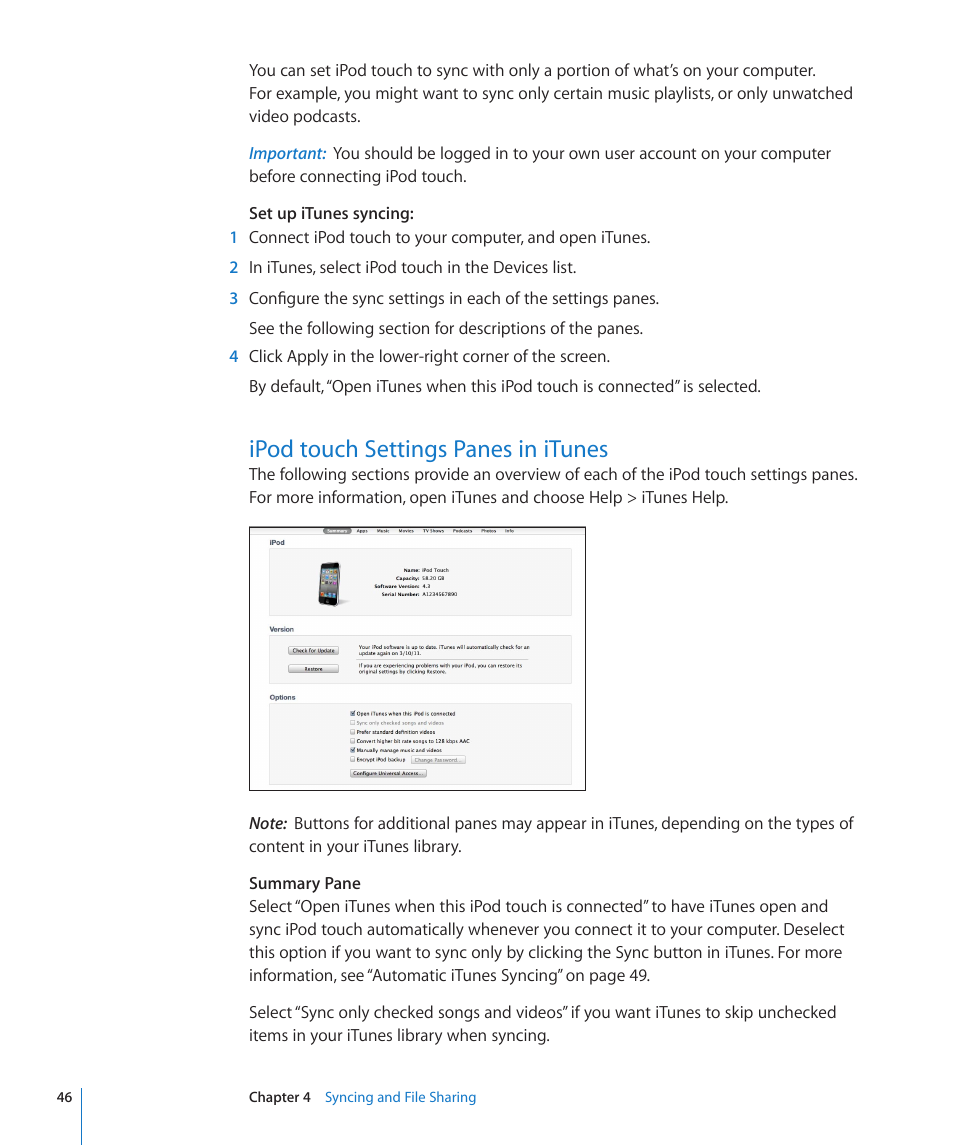 Ipod touch settings panes in itunes, 46 ipod touch settings panes in itunes | Apple iPod touch iOS 4.3 User Manual | Page 46 / 230