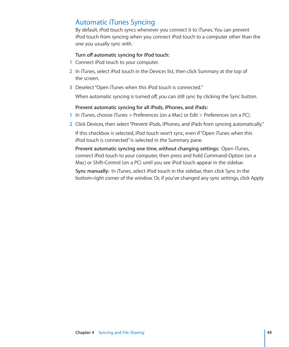 Automatic itunes syncing, 49 automatic itunes syncing | Apple iPod touch iOS 4.3 User Manual | Page 49 / 230