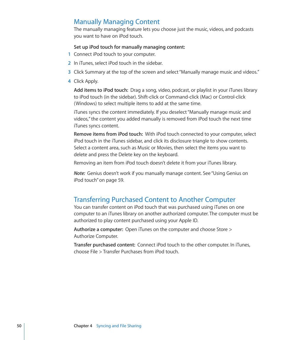 Manually managing content, Transferring purchased content to another computer, 50 manually managing content | Apple iPod touch iOS 4.3 User Manual | Page 50 / 230