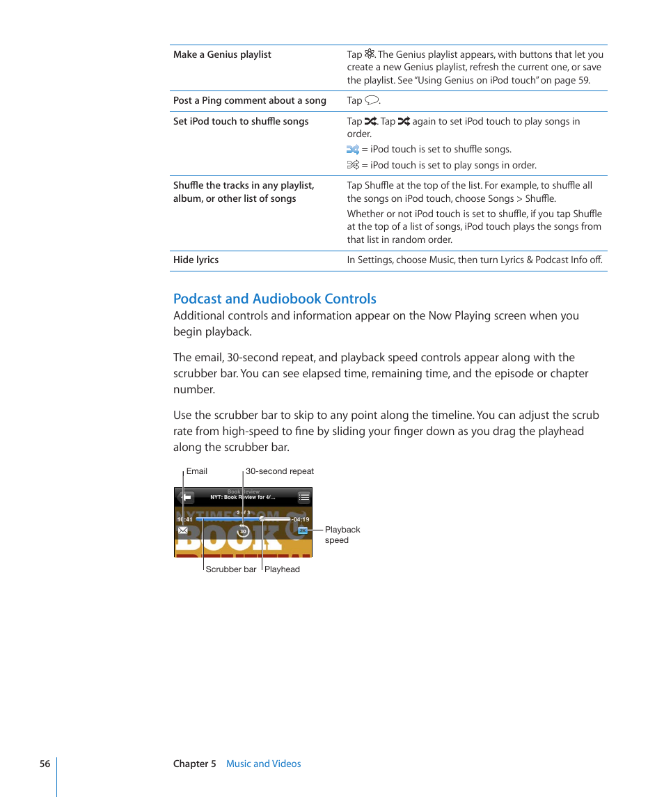 Podcast and audiobook controls | Apple iPod touch iOS 4.3 User Manual | Page 56 / 230