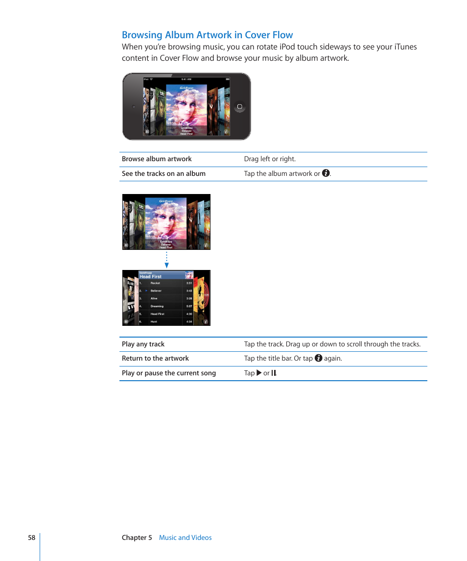 Browsing album artwork in cover flow | Apple iPod touch iOS 4.3 User Manual | Page 58 / 230