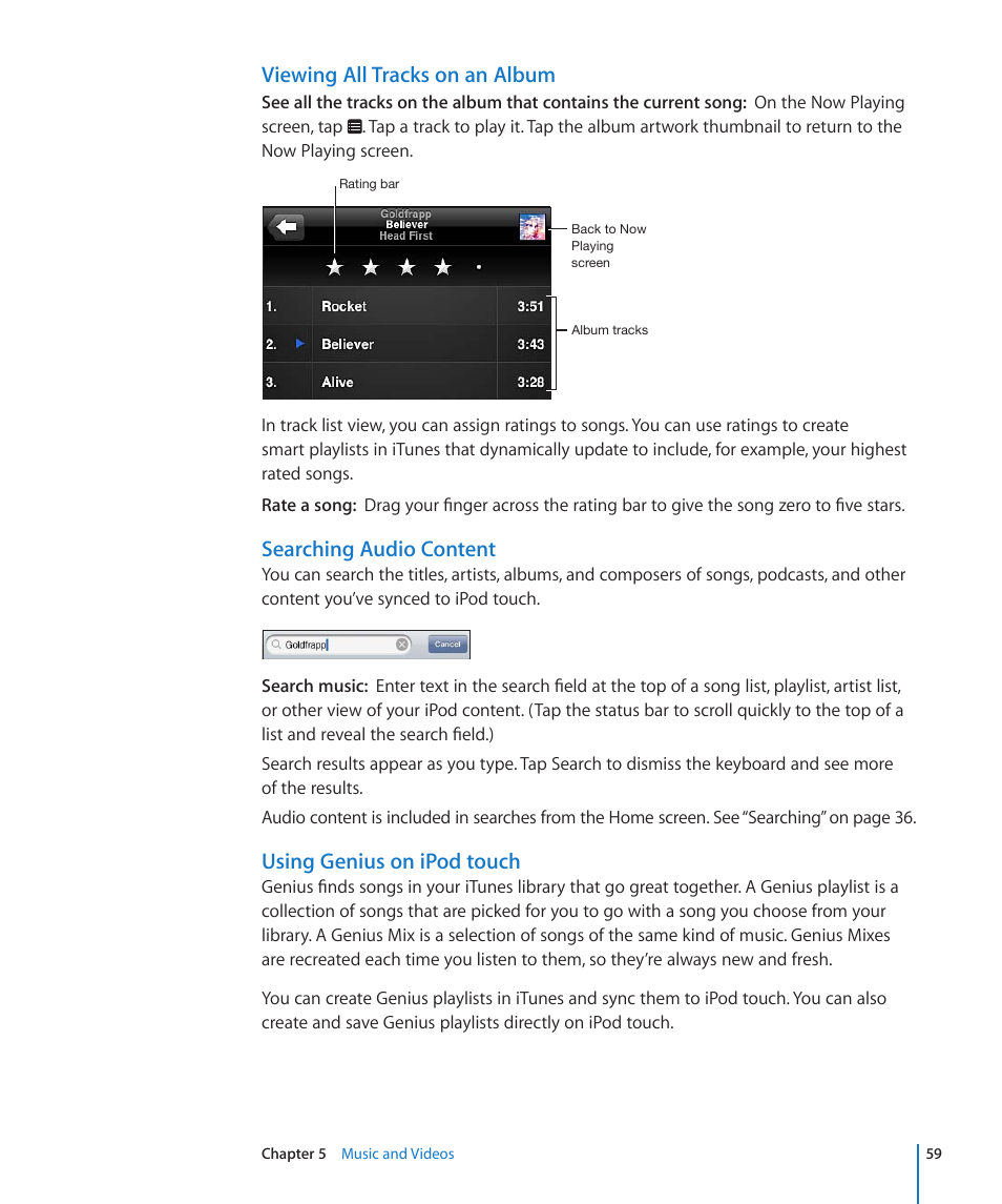 Using genius on ipod touch, Viewing all tracks on an album, Searching audio content | Apple iPod touch iOS 4.3 User Manual | Page 59 / 230