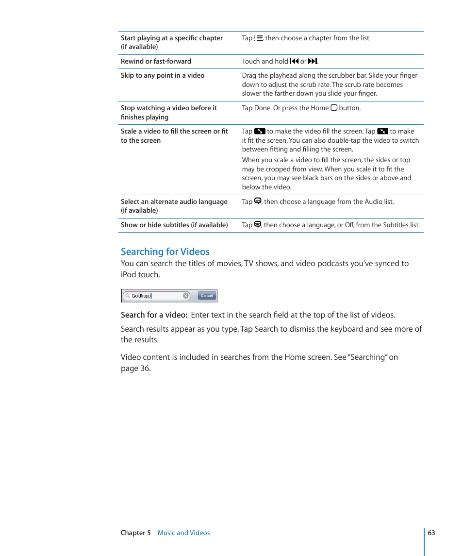 Searching for videos | Apple iPod touch iOS 4.3 User Manual | Page 63 / 230