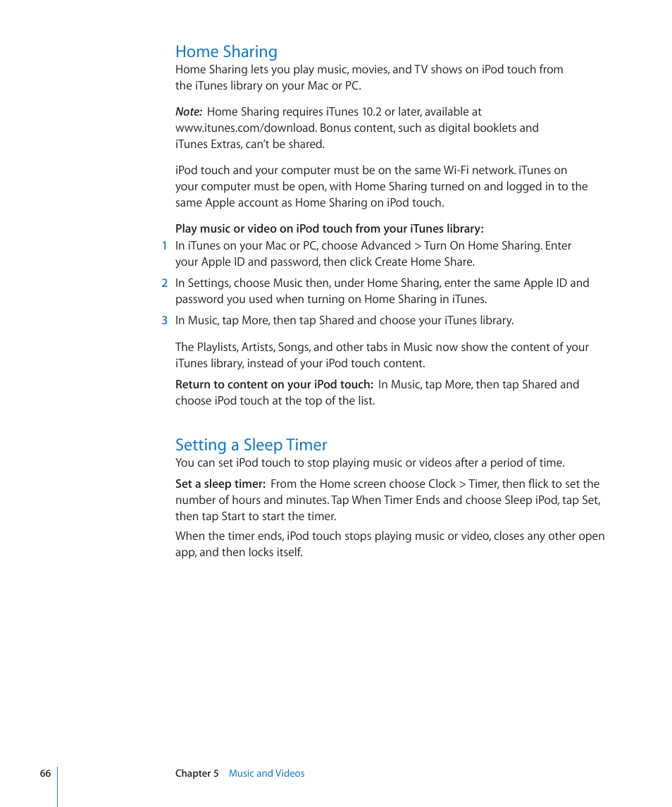 Home sharing, Setting a sleep timer, 66 home sharing 66 setting a sleep timer | Apple iPod touch iOS 4.3 User Manual | Page 66 / 230