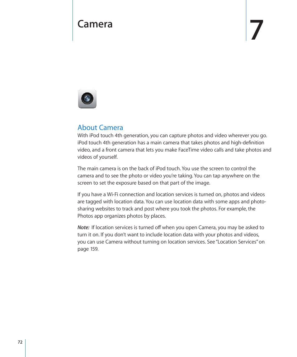 Chapter 7: camera, About camera, 72 about camera | Camera | Apple iPod touch iOS 4.3 User Manual | Page 72 / 230