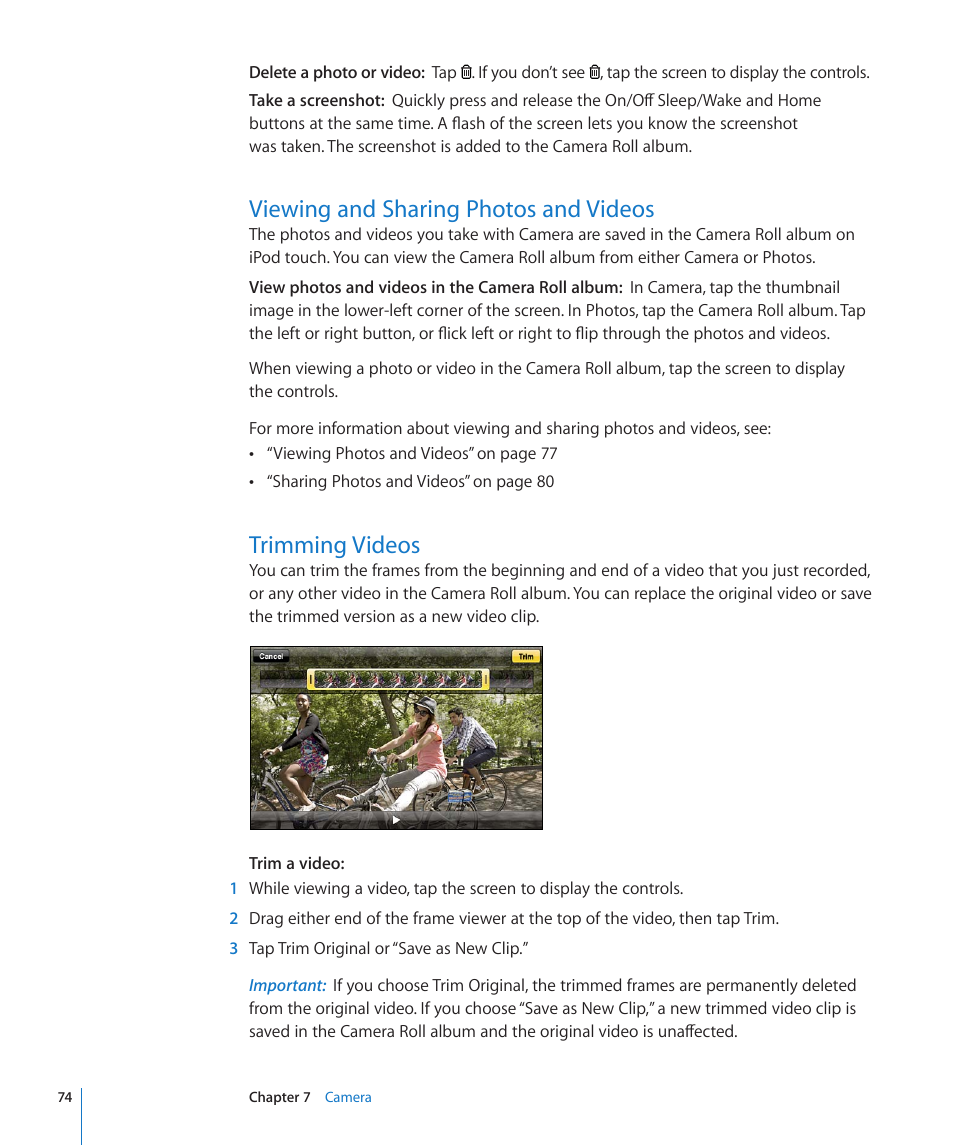 Viewing and sharing photos and videos, Trimming videos | Apple iPod touch iOS 4.3 User Manual | Page 74 / 230