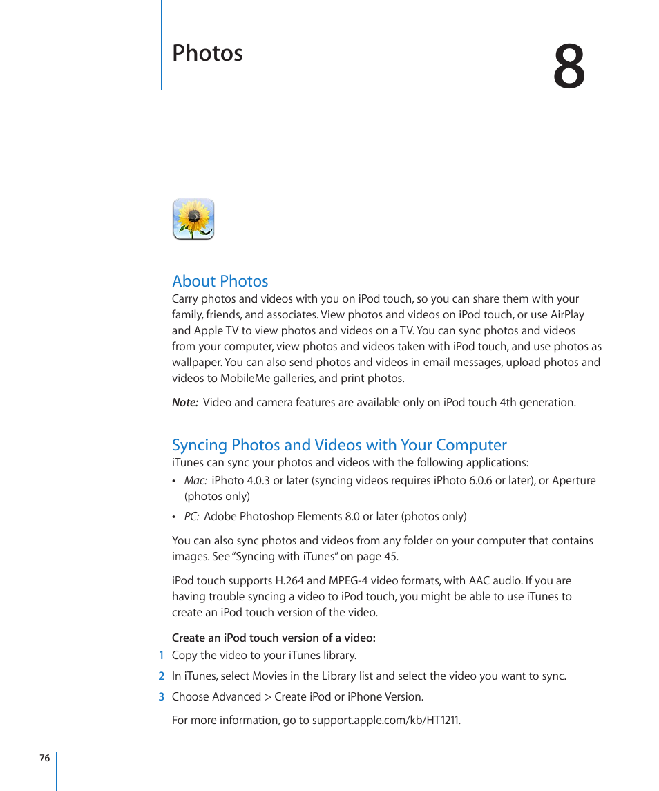 Chapter 8: photos, About photos, Syncing photos and videos with your computer | Photos | Apple iPod touch iOS 4.3 User Manual | Page 76 / 230