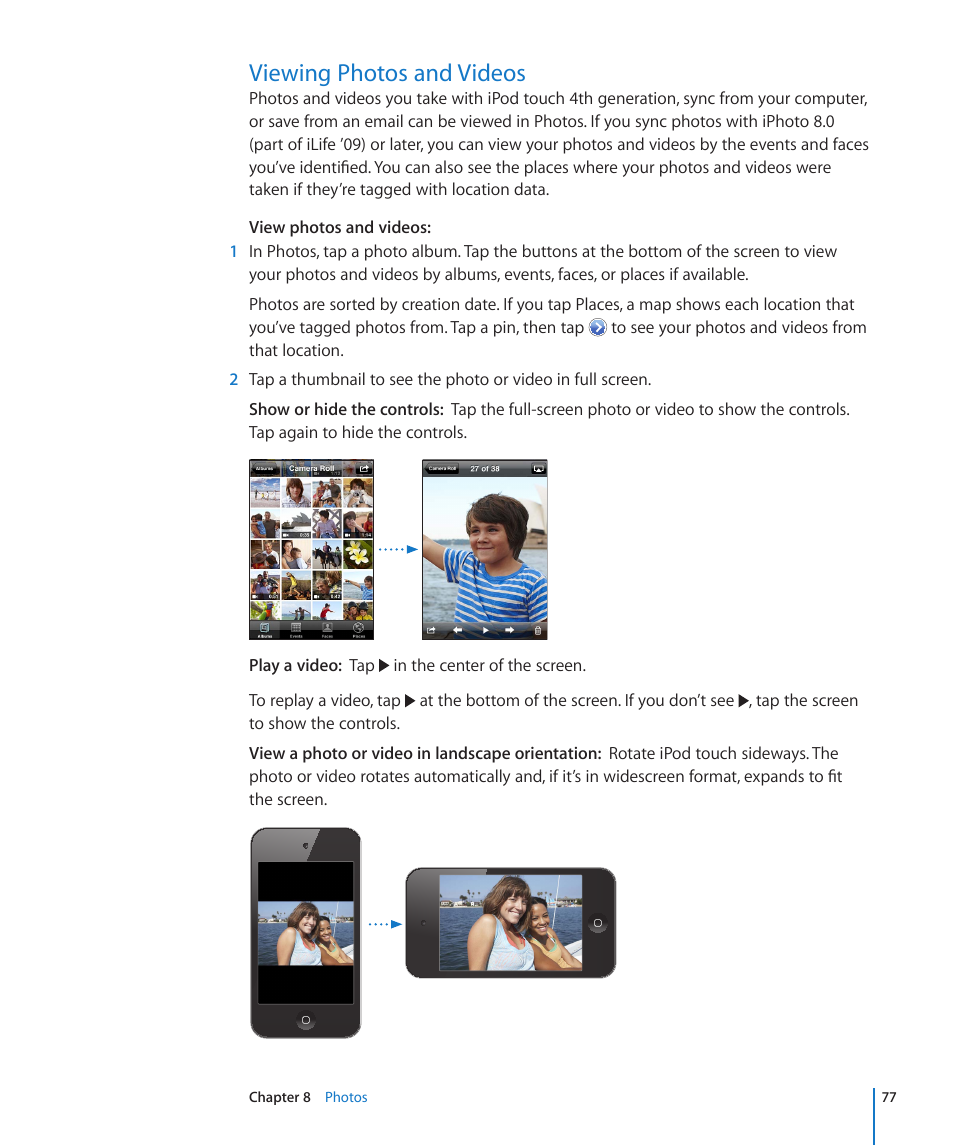 Viewing photos and videos, 77 viewing photos and videos | Apple iPod touch iOS 4.3 User Manual | Page 77 / 230