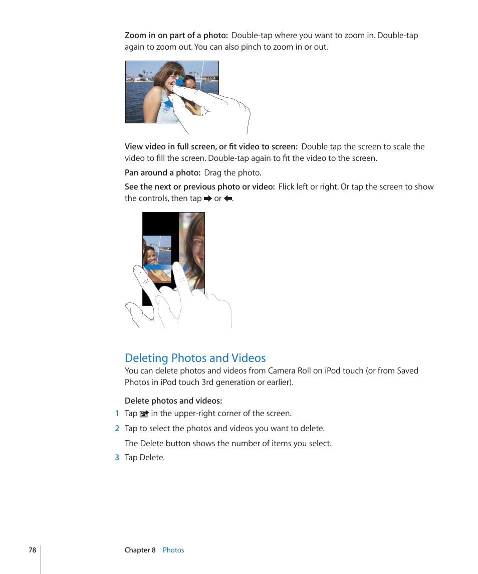Deleting photos and videos, 78 deleting photos and videos | Apple iPod touch iOS 4.3 User Manual | Page 78 / 230