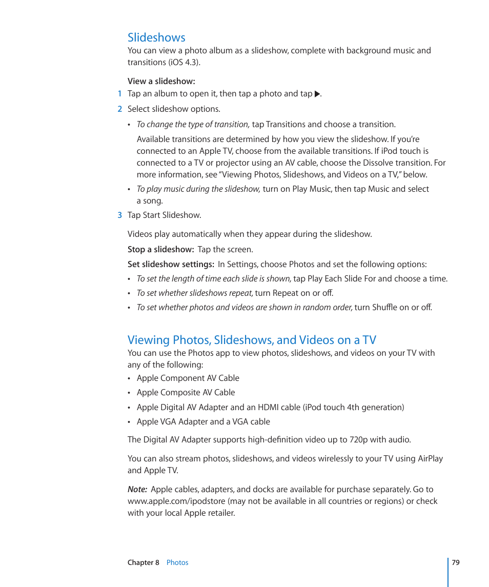 Slideshows, Viewing photos, slideshows, and videos on a tv | Apple iPod touch iOS 4.3 User Manual | Page 79 / 230